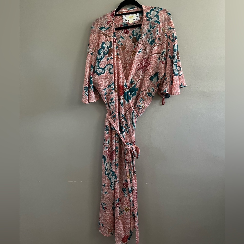 Anthropologie Pink Floral Midi Dress with Teal and Red Accents - Picture 6 of 10